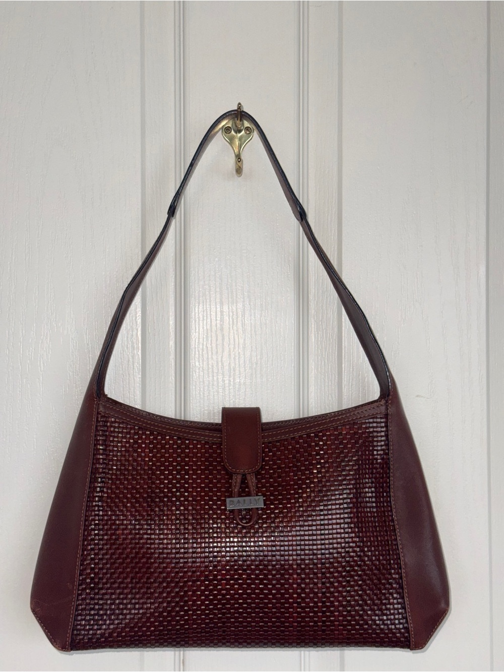 BALLY Leather Burgundy Cross-weave Leather Shoulder Tote